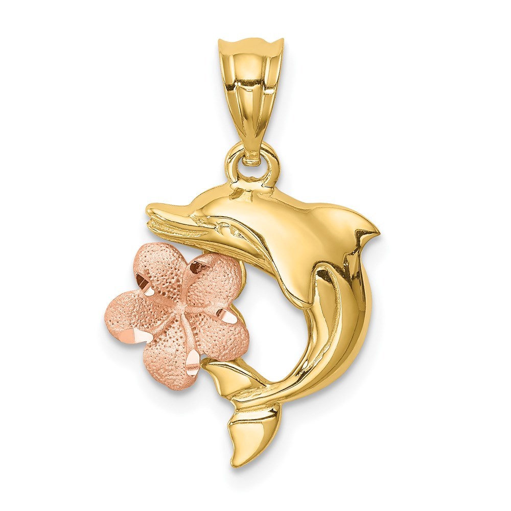 14K Two-tone Gold Brushed Diamond-cut Plumeria with Small Dolphin Charm Pendant